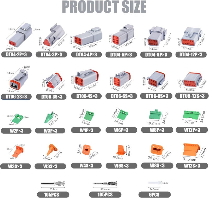 Cedolio 288 PCS Deutsch Connector Kit 3 Pairs,2 3 4 6 8 12 Pin Grey Waterproof Electrical Connector with Stamped Contacts and Seal Plugs for Truck, Off-Road Vehicles, Agriculture, Marine, Motorcycle Wiring. - Image 3